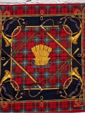Ralph Lauren Red and Navy Tartan Holiday Throw with Gold Motifs